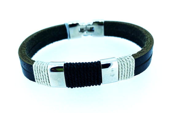 Fred Bennett – Two row black leather bracelet with grey and black cord wrapping detail.