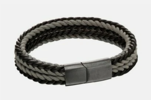 Fred Bennett – Stainless Steel & Grey Woven Dual Colour Leather Bracelet