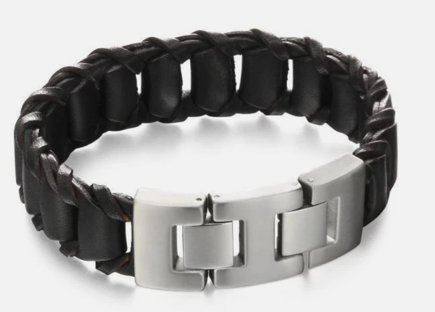 Fred Bennett – Stainless Steel and Black Plaited Leather Bracelet