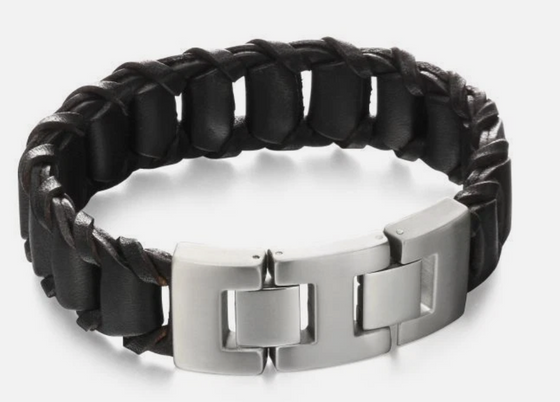 Fred Bennett – Stainless Steel and Black Plaited Leather Bracelet