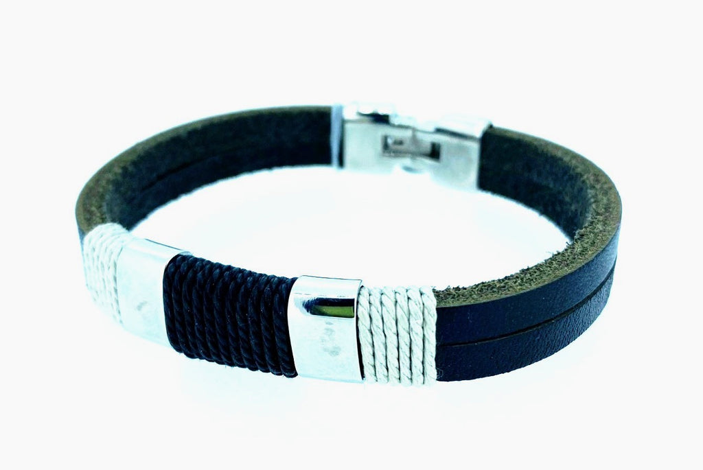 Fred Bennett – Two row black leather bracelet with grey and black cord wrapping detail.