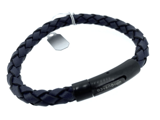 Unique - Men's Leather Black Bracelet Matt Steel Clasp