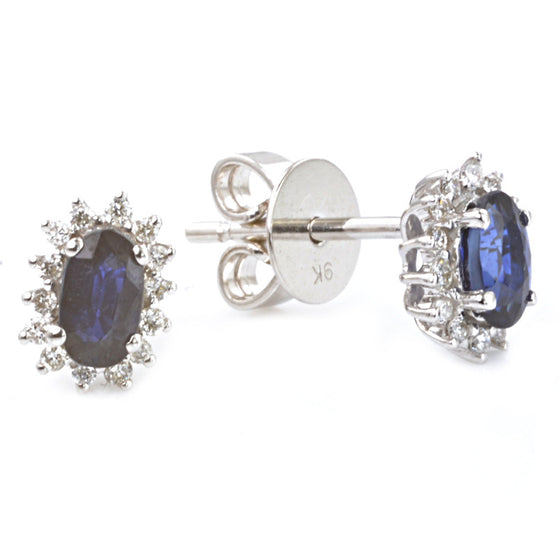 9ct White Gold Blue Sapphire and Diamond Custer Earrings