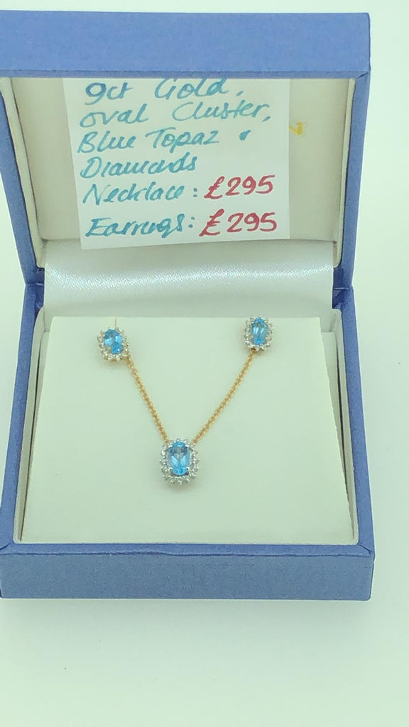 9ct Yellow and White Gold Blue Topaz and Diamond Cluster Pendant and matching earrings