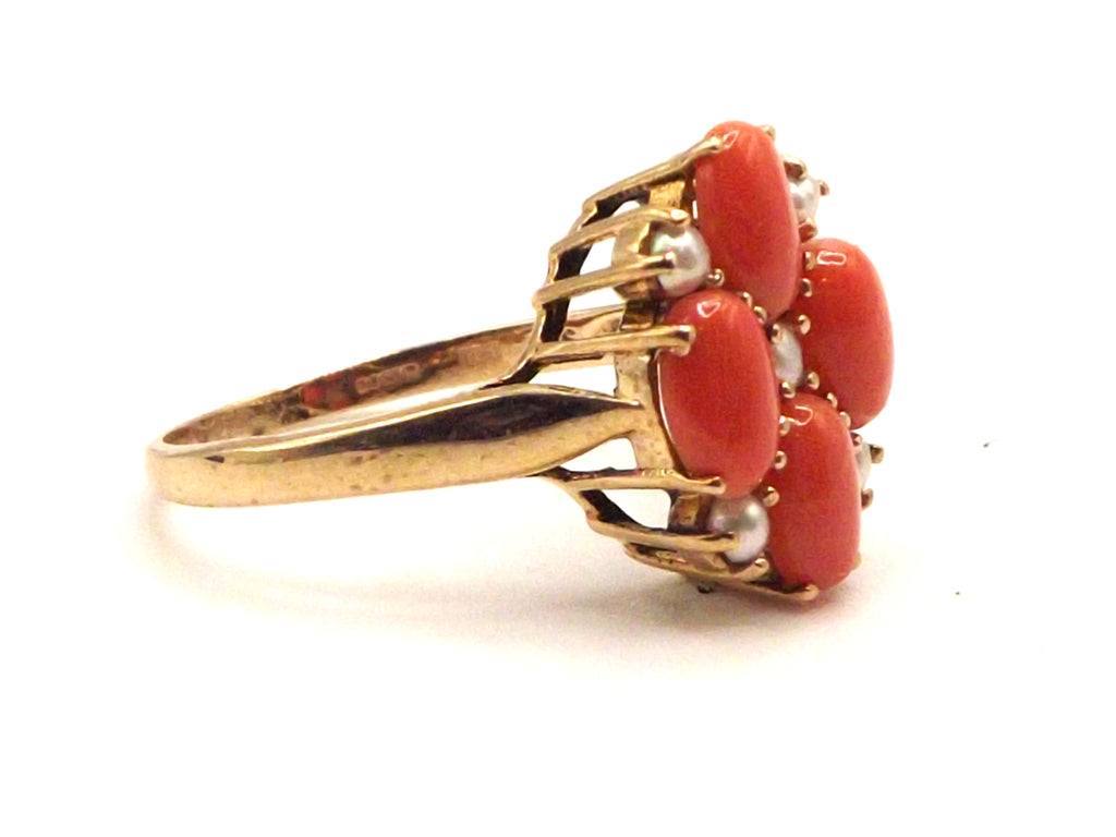 9 ct Yellow Gold coral and pearl cluster ring